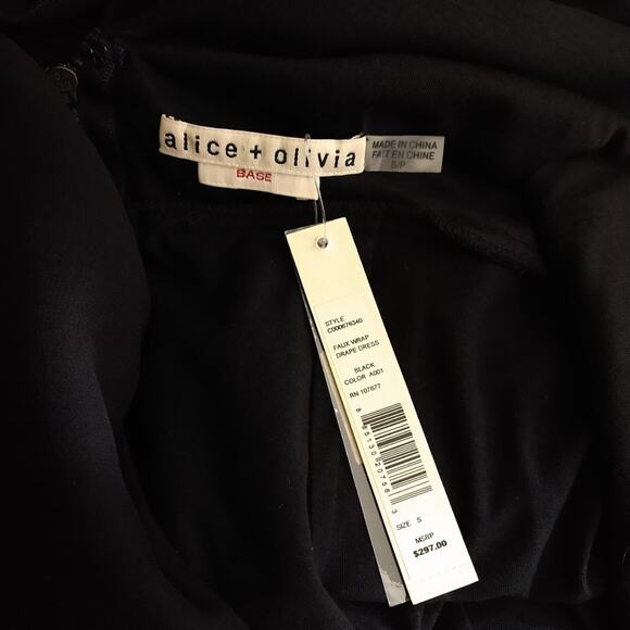 AM Alice + Olivia Designer Black Plunge Neck Silk Wrap Drape Mini Dress NWT S - Picture 4 of 12